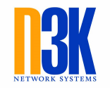 Logo von N3K Network Systems, mit einem großen orangefarbenen n neben einer fetten blauen 3K. Darunter steht Network Systems in kleineren gelben Großbuchstaben. Der Hintergrund ist weiß.