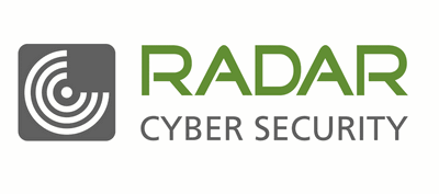 Logo für RADAR Cyber Security. Das Logo zeigt ein stilisiertes Radarsymbol in einem grauen Quadrat auf der linken Seite, mit 