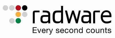 Radware-Logo mit farbigen Punkten, die ein Muster auf der linken Seite bilden, und dem Text radware in Fettdruck, gefolgt von der Tagline Every second counts darunter.