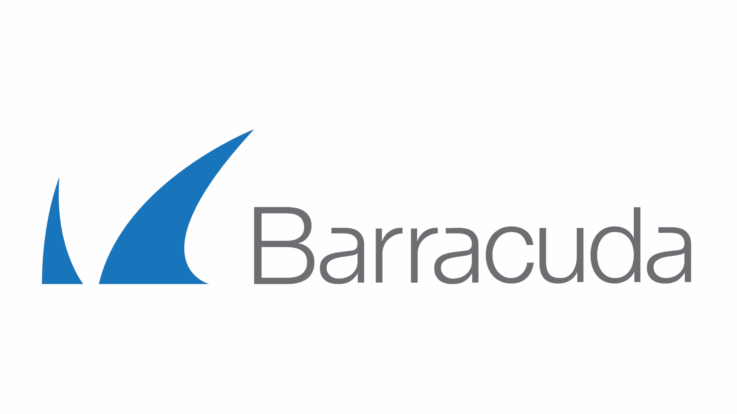 Barracuda-Logo mit zwei blauen, abstrakten Flossenformen auf der linken Seite und dem Schriftzug „Barracuda“ in grauer Schrift auf der rechten Seite, alles auf weißem Hintergrund.