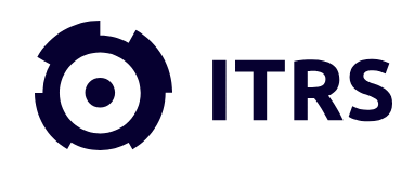 Das ITRS-Logo besteht aus einer markanten, dunklen, kreisförmigen Form, die an ein Zahnrad oder eine Sonne mit einem Punkt in der Mitte erinnert, gefolgt von den Großbuchstaben „ITRS“ in einer passenden dunklen Schriftart.